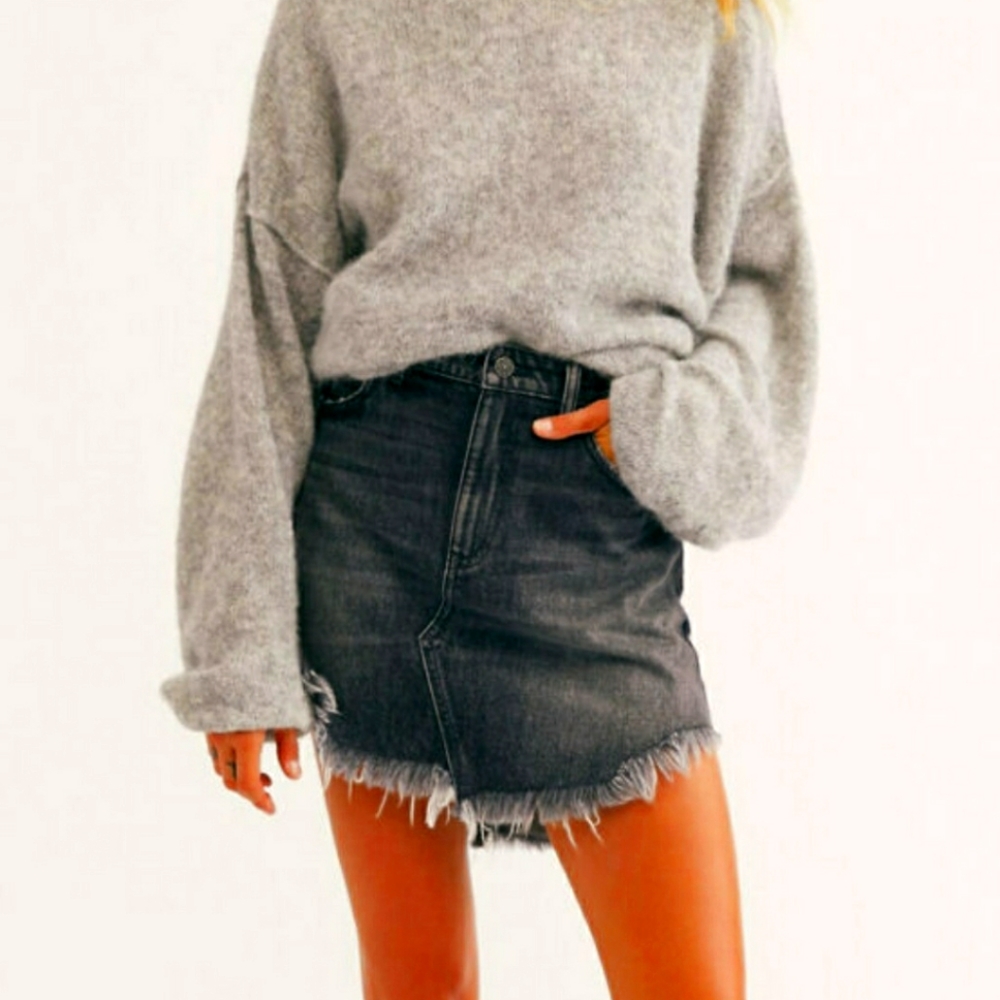 Black Free People Denim Washed Flirty Fringe Skirt